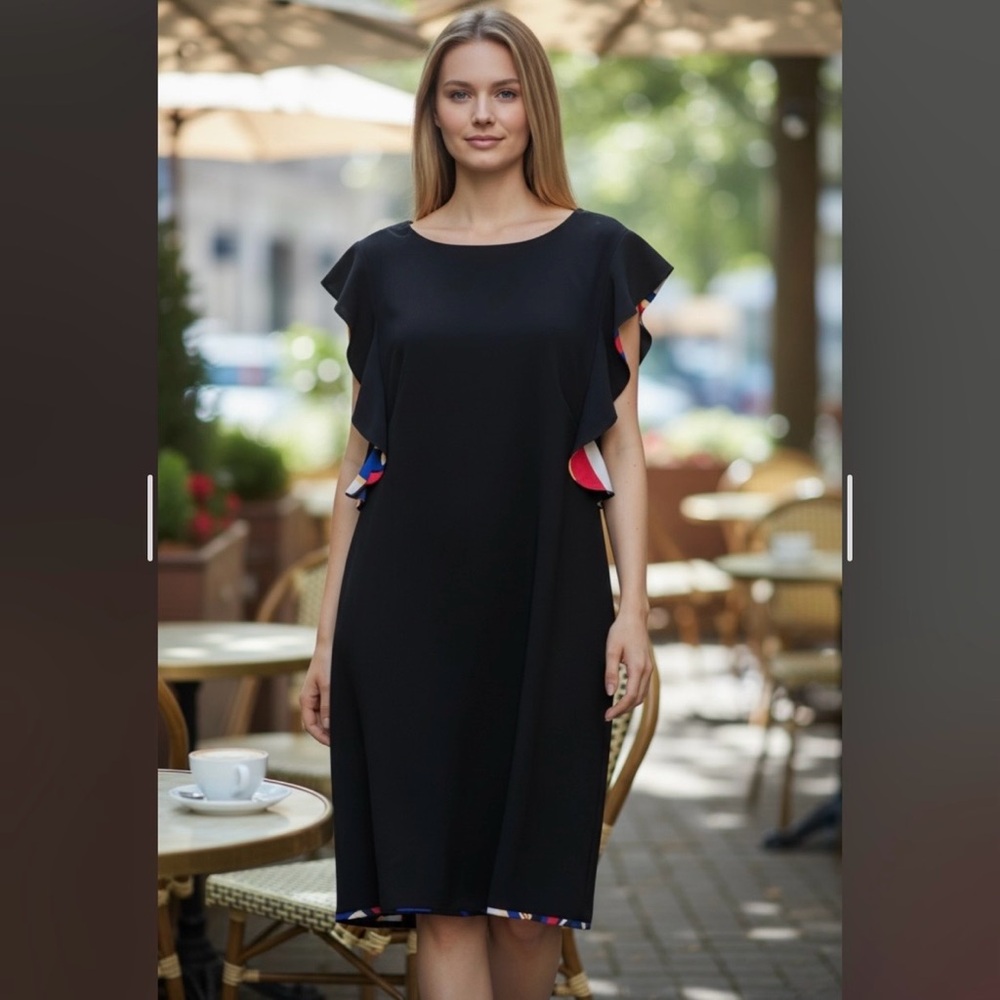 Nicole Miller New York Black Peek-a-boo Flamenco-Style Sleeve Shift Dress Sz 10 - Picture 9 of 9